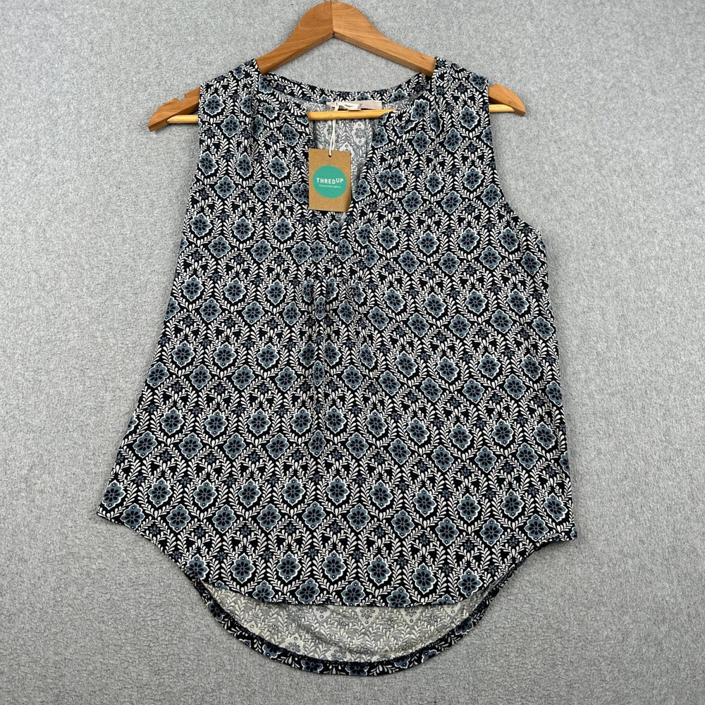 Loft Top Womens XS Sleeveless Floral Geometric Black White Blue Mixed Media